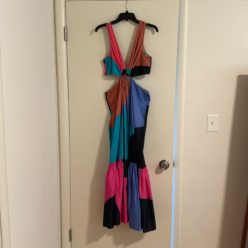 Anthropologie Geisha Designs Flounced Cut-Out Colorblocked Maxi Dress SIZE 10